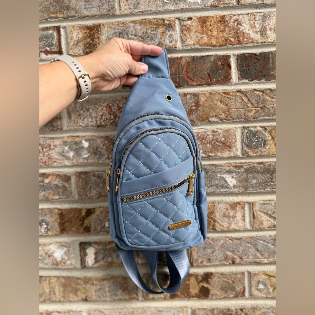 Quilted Blue Sling Bag With Gold Accents
